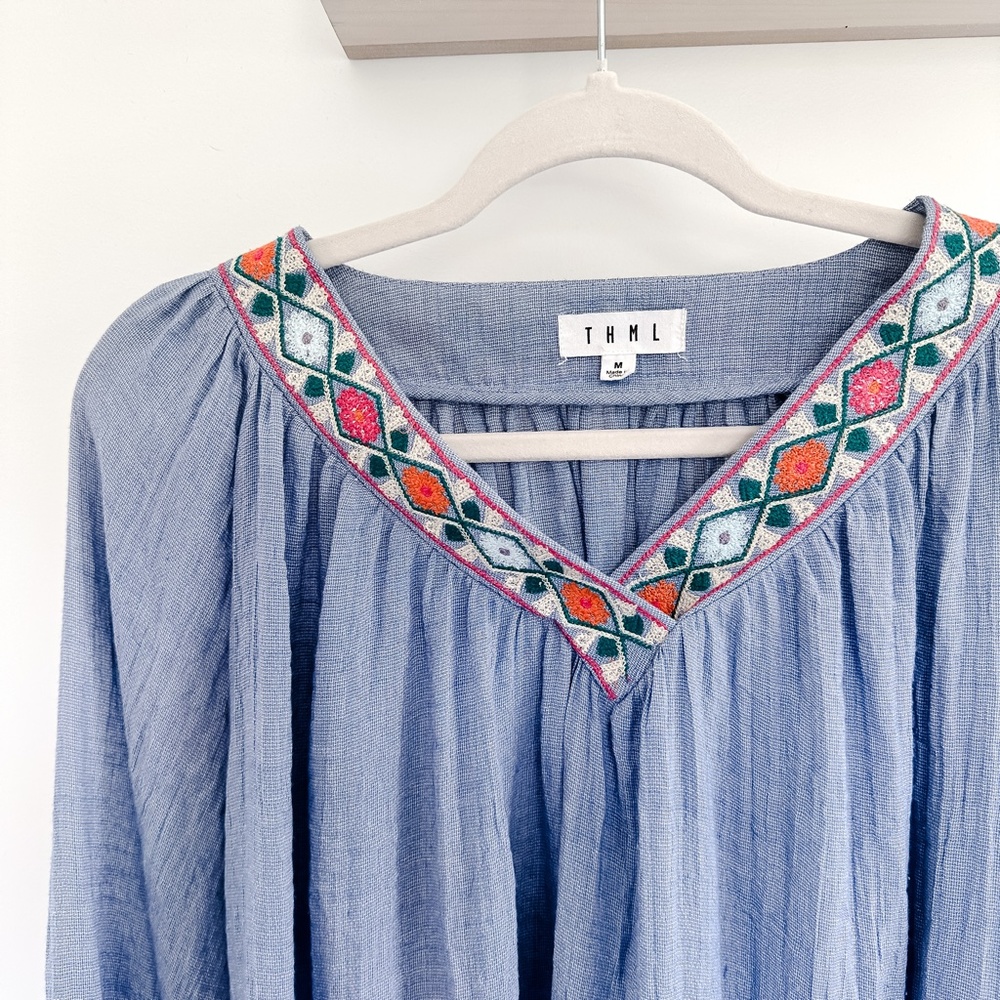 THML Light Blue Embroidered Neck Line Flowy Cuff Sleeve Top